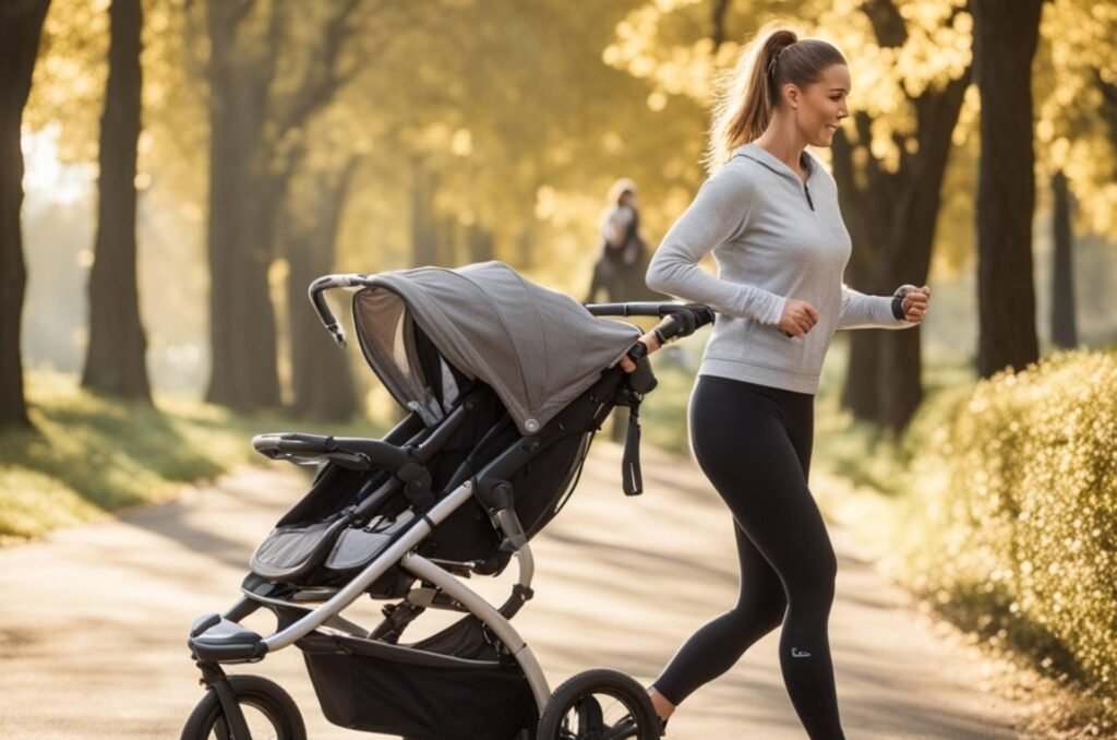 A mom running in the park with a jogging baby buggy